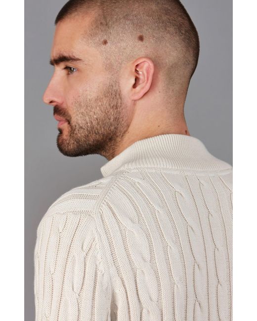 Paul James Knitwear Natural Neutrals Midweight Romano Cotton Cable Zip Neck Jumper for men