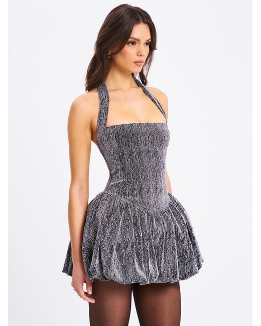 Miss Circle New York Gray Naomie Crystal Embellished Bubble Hem Halter Mini Dress