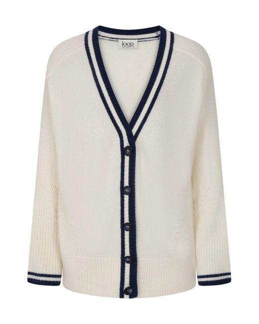 Loop Cashmere White Striped Tipped V Neck Lofty Cardigan