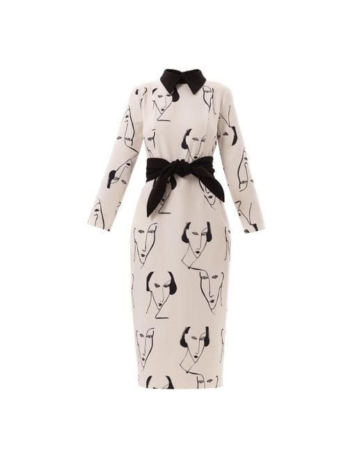 Julia Allert Natural White Designer Fitted Dress With Faces Print