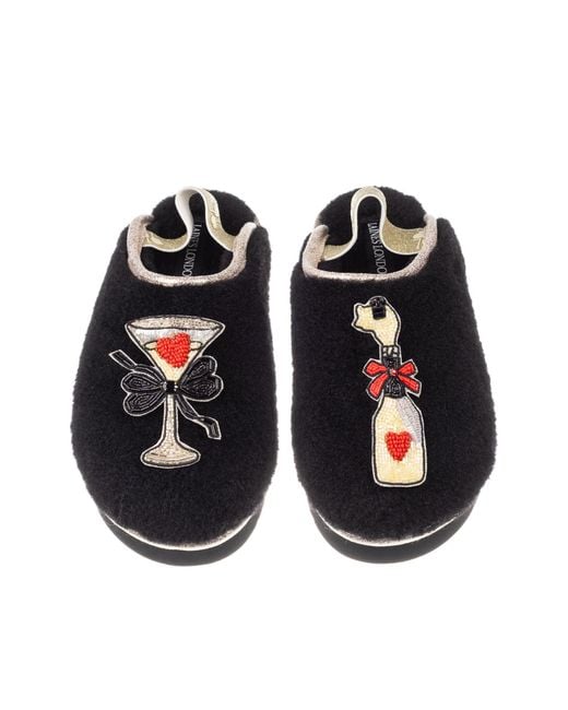 Laines London Black Flatform Cloud Slippers With Popping Champagne Brooches