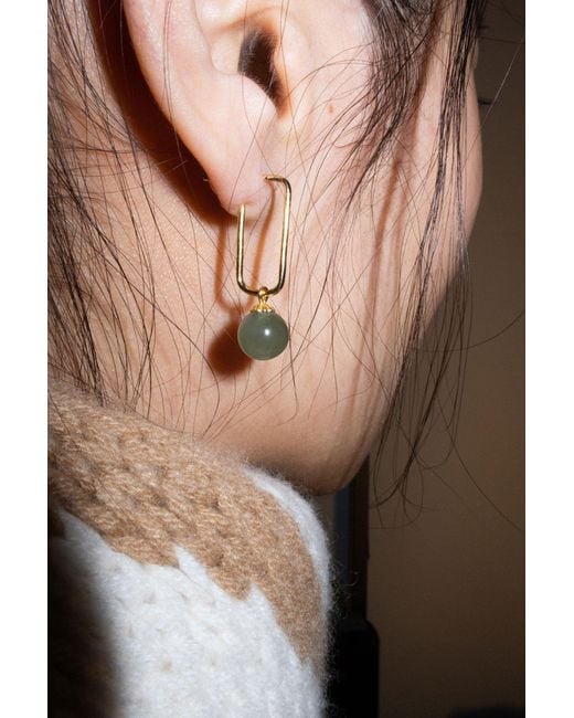seree White Pin Green Jade Bead Gold Earrings