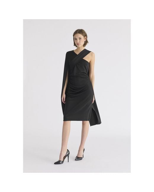 Paisie Black Asymmetric Draped Cape Sleeve Dress