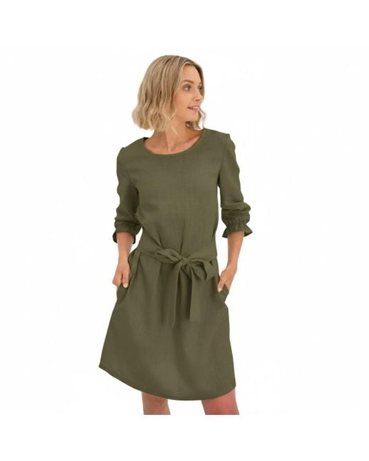 LeMuse Green Emma — Stonewashed Linen Dress With Pockets & Tie Belt