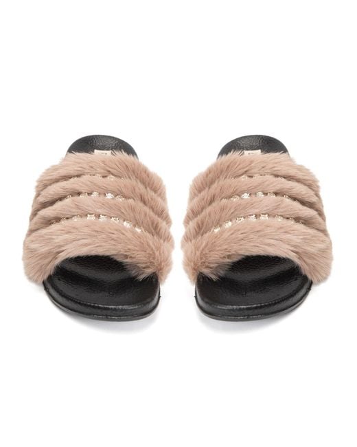 Rettrose Multicolor Anita Mink Luxury Plush Diamanté Embellished Handmade Sliders