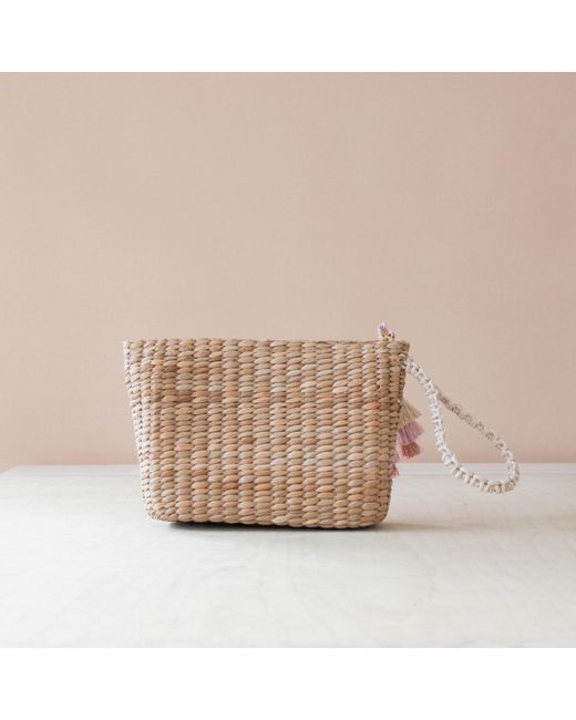 LIKHÂ Brown Neutrals Handwoven Seagrass Hummingbird Wristlet Pouch With Tassels