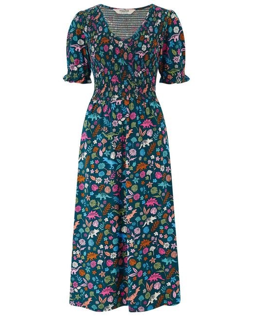 Sugarhill Blue Daphne Shirred Jersey Midi Dress, Multi, Hidden Dinosaur