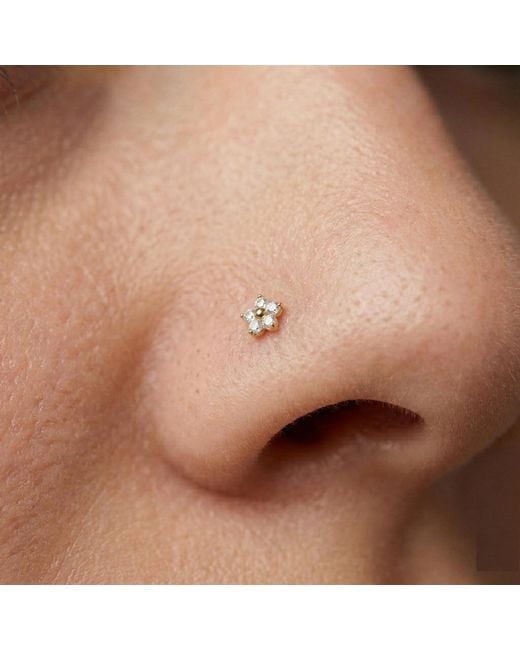Zahav Jewelry Metallic 14K Solid 24G Flower Cz L-Shape Nose Stud
