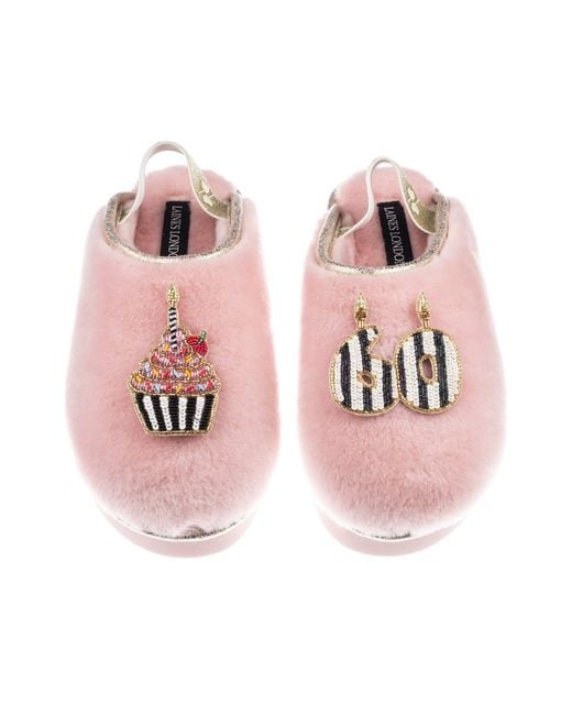 Laines London Pink Flatform Cloud Closed Toe Slippers With Stripe 60Th Birthday & Cake Brooches
