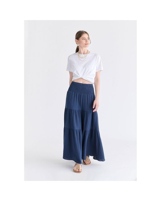 Paisie Blue Cheesecloth Shirred Waist Tiered Maxi Skirt