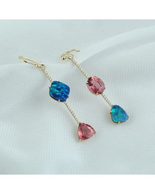 Artisan Blue Tourmaline, Opal & Diamond Drop Earrings