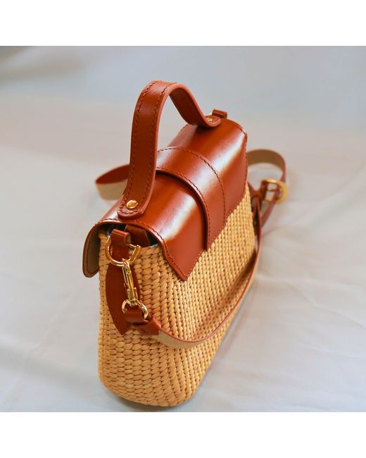 Silk and Bears Brown Handwoven Water Hyacinth Mini Crossbody Bag – Tan Leather Trim