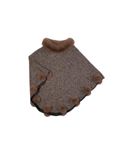 Saachi Brown Faux Fur Burly Wood Poncho Pom Pom