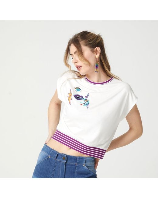 Lalipop Design White Embroidered Motif Cropped Cotton T-Shirt