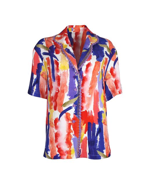 Lalipop Design Blue Abstract Printed Linen Shirt With Hand-Embroidered Detail