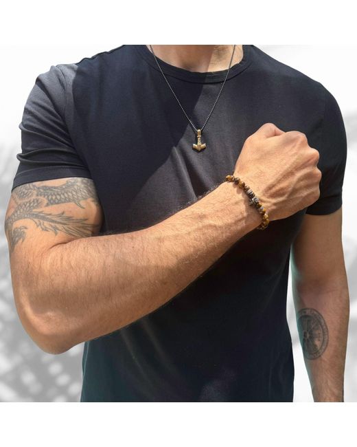 Ebru Jewelry Brown King Skull Tiger's Eye Stone Beaded Bracelet for men