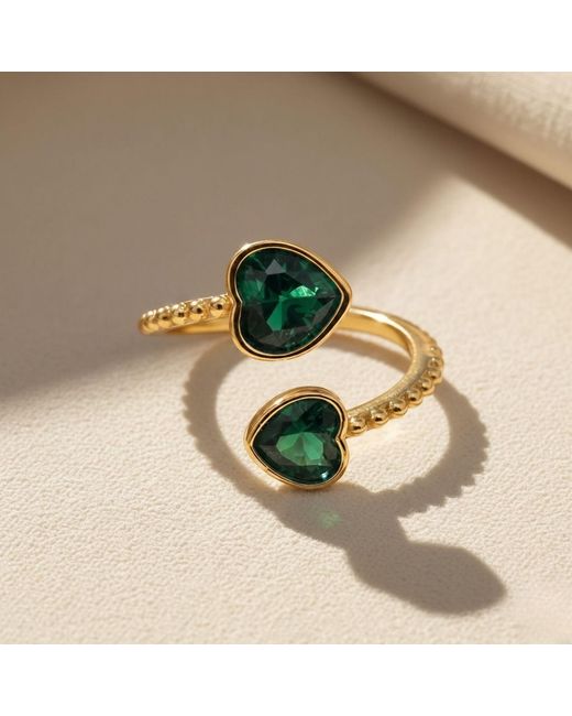 Harfi Green Double Heart Emerald May Birthstone Adjustable Plated Ring