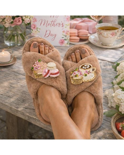 Laines London Brown Neutrals Classic Laines Slippers With Mother's Day Macaroon Brooches