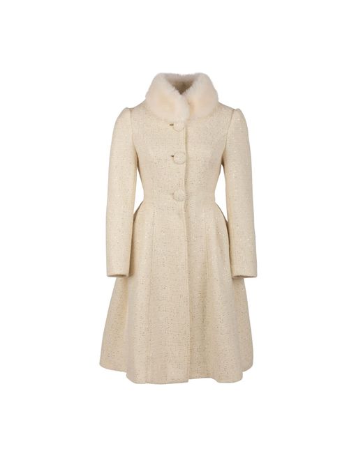 Santinni Natural Starlet Wool Tweed Dress Coat With Faux Fur In Crema