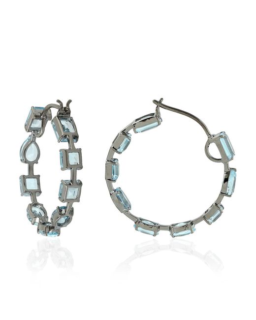 Artisan Solid Gold Blue Topaz Hoop Earrings Gemstone Jewelry