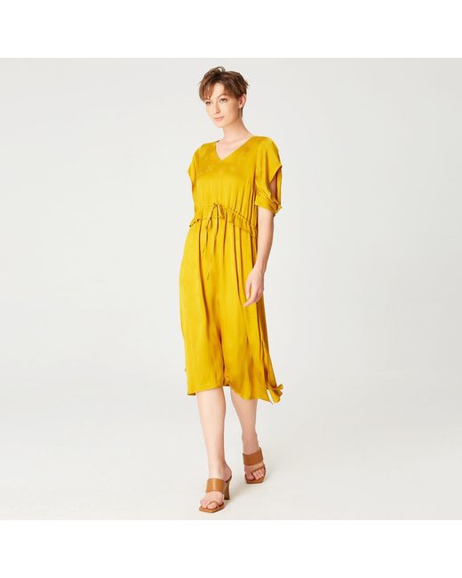 Smart and Joy Yellow V-Neckline Midi Dress With Drawstring Belt