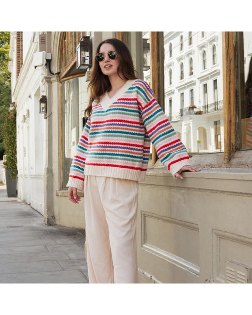 Cara & The Sky Red Jasmine Wide Sleeve V Neck Striped Jumper
