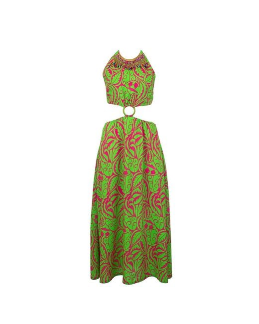 Lalipop Design Green Halter Neck Midi Dress With Cut-Out Details
