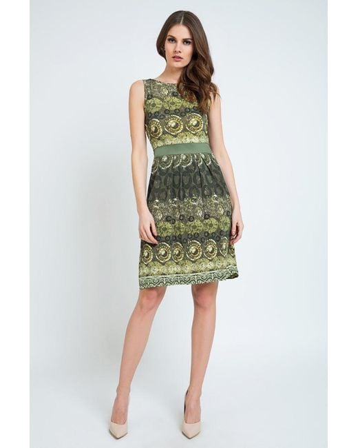 Conquista Green Sleeveless A-Line Print Dress Jersey