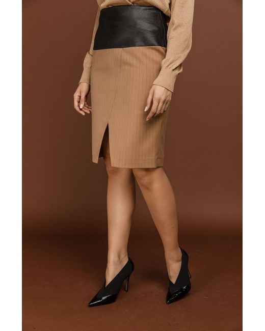 Conquista Brown Camel Striped Pencil Skirt By Si Fashion