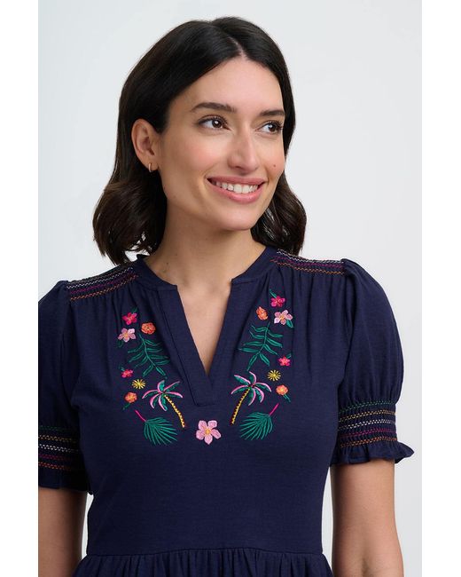 Sugarhill Blue Esme Jersey Midi Dress, Tropic Palm Embroidery