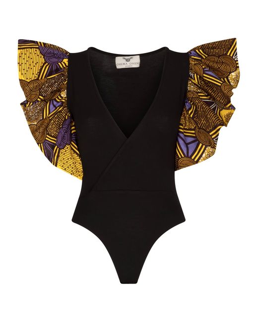 Ohema Ohene Black African Print Frill Sleeved Bodysuit
