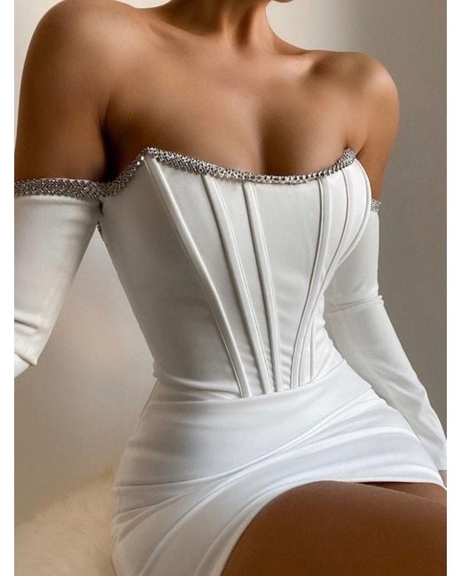 Miss Circle New York White Annika Off Shoulder Long Sleeve Corset Dress With Crystal Trim