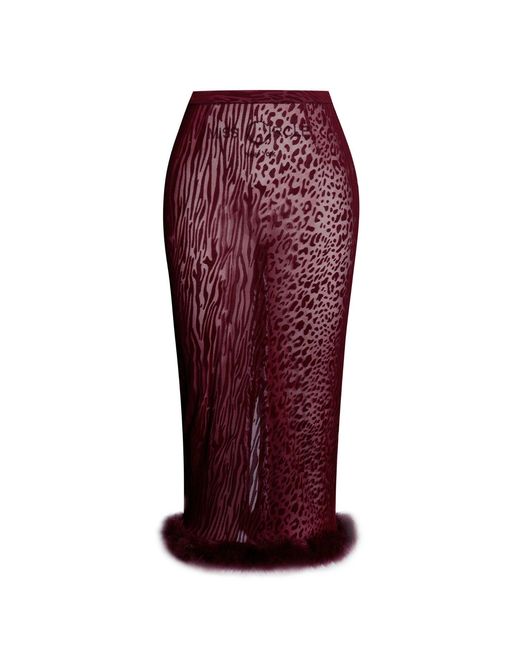 Miss Circle New York Red Halia Burgundy Animal Print Burnout Velvet Fur Trim Skirt