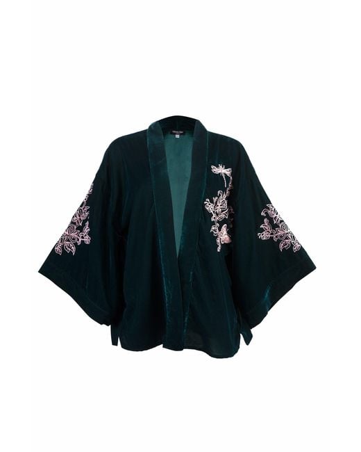 Artemis Muse Blue Wild Flowers & Butterflies & Velvet Embroidered Short Kimono