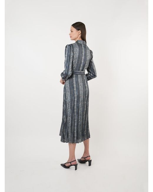 John Abgin Gray Satin Printed Pleated Midi Shirt Dress