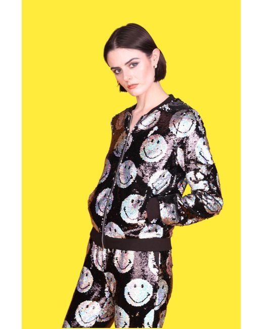 Any Old Iron Black Iridescent Smiley Reversible Sequin Bomber Jacket