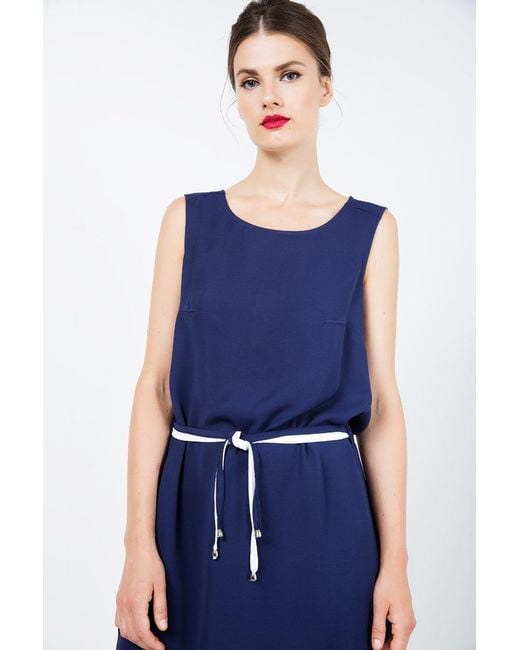 Conquista Blue Solid Colour Straight Dress With Belt