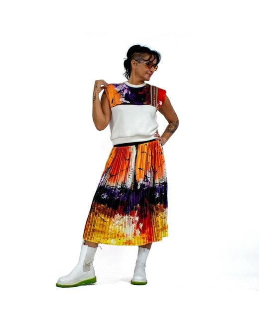 Lalipop Design Orange Colorful & Abstract Print Pleated Velvet Midi Skirt