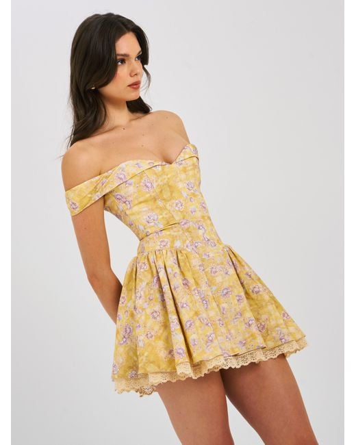 Miss Circle New York Yellow Oana Floral Print Linen Collared Off Shoulder Mini Dress