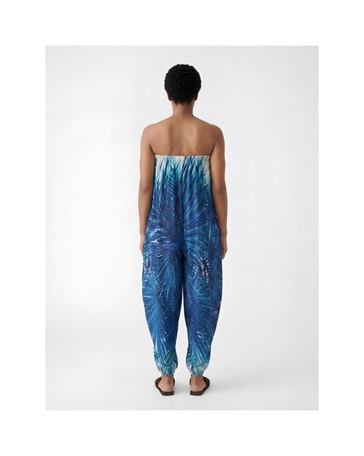 Women & Women Blue Tropical Palm Print Chiffon Jumpsuit