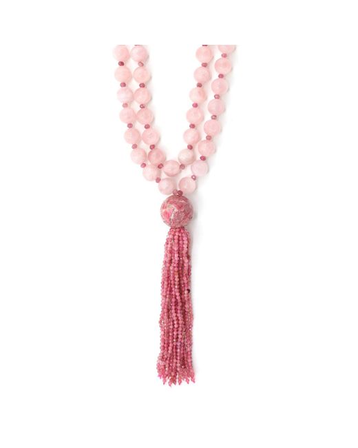 Shar Oke White Rose Quartz, Pink Opal & Pink Tourmaline Tassel Wrap Beaded Necklace