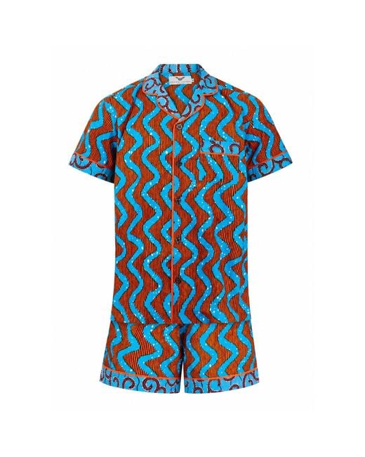 Ohema Ohene Blue Amber River African Print Cotton Pyjama Shorts Set for men
