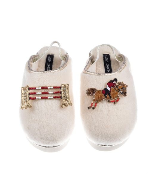 Laines London Natural Neutrals Flatform Cloud Closed Toe Slippers With Show Jump Horse Brooches
