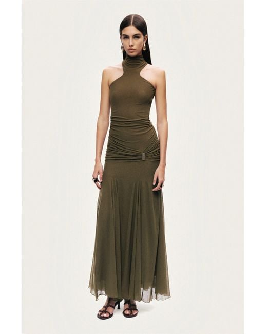 Nocturne Green Neutrals Halter Neck Draped Maxi Dress
