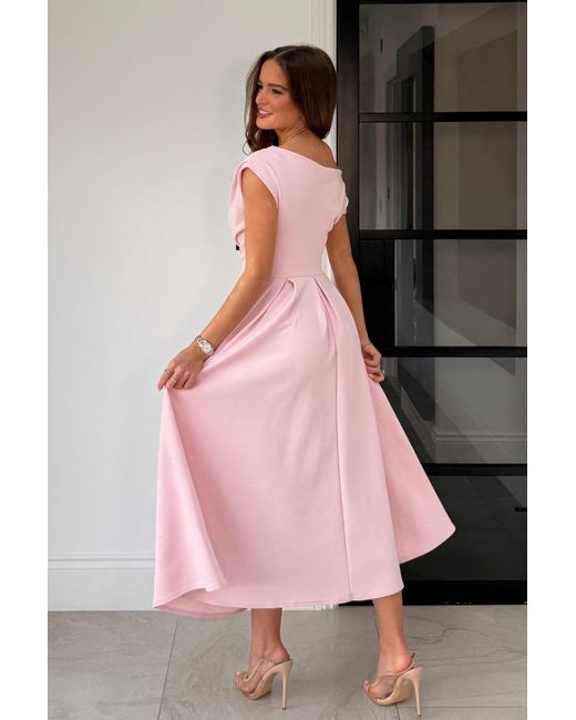 Girl In Mind Pink Betty Asymmetric Neckline Skater Midi