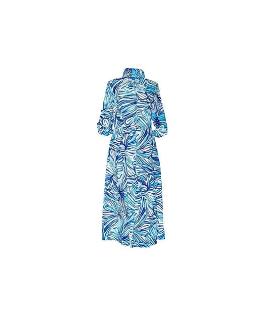 Perlavera Blue Leila Sentry Cerulean Linen Blend Three Quarter Sleeve Length Flared Bottom Maxi Dress