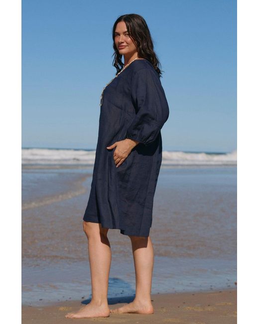 Adrift Clothing Blue Hazel Short Linen Shift Dress