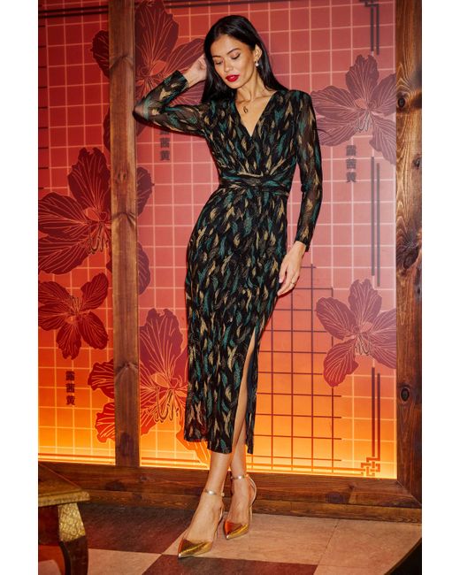 Yumi' Black Metallic Sparkle Mesh Wrap Midi Dress