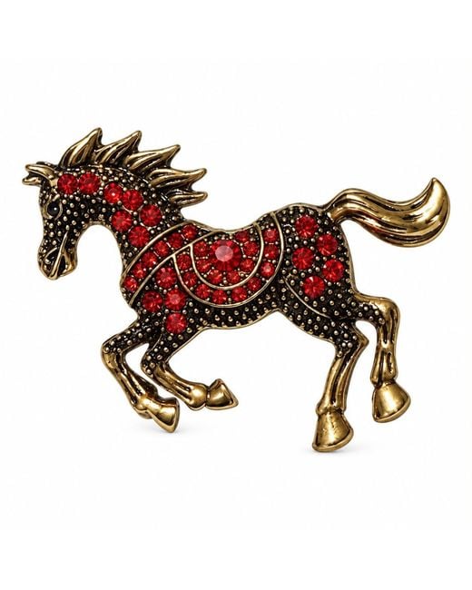 By Ozge Red Crimson Spirit Crystal Equestrian Statement Brooch