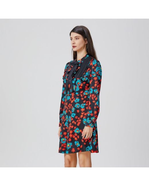 Smart and Joy Red Ascot-Tie Flower Print Mini Dress